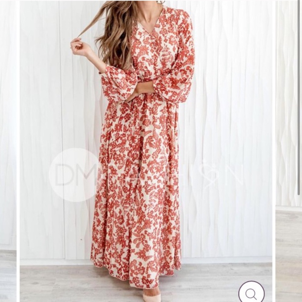 DM Fashion Red and Cream Floral Dress.